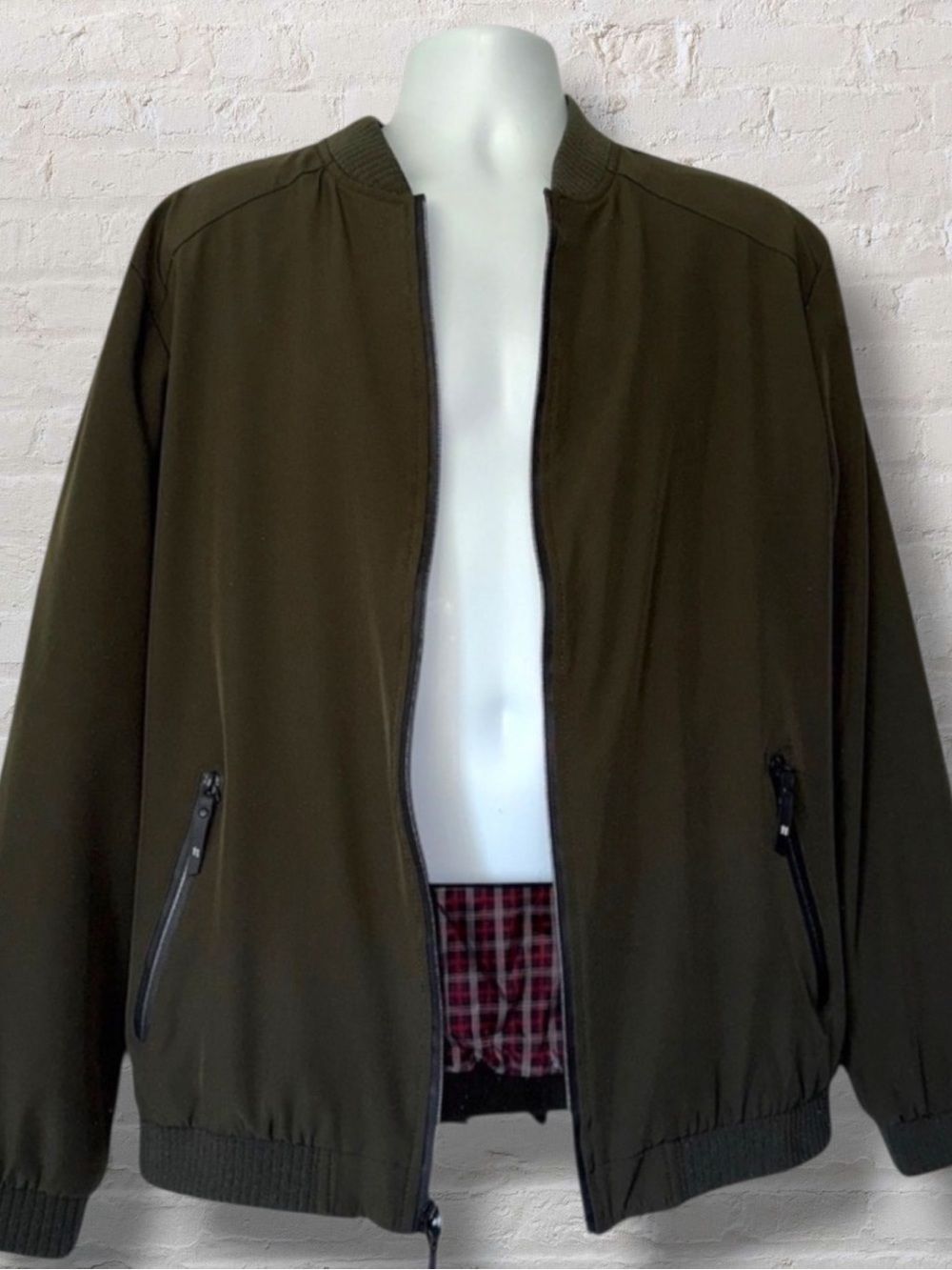 Lentta Plaid Lined Men’s Bomber Jacket Olive Green Zip-Up Men’s Large